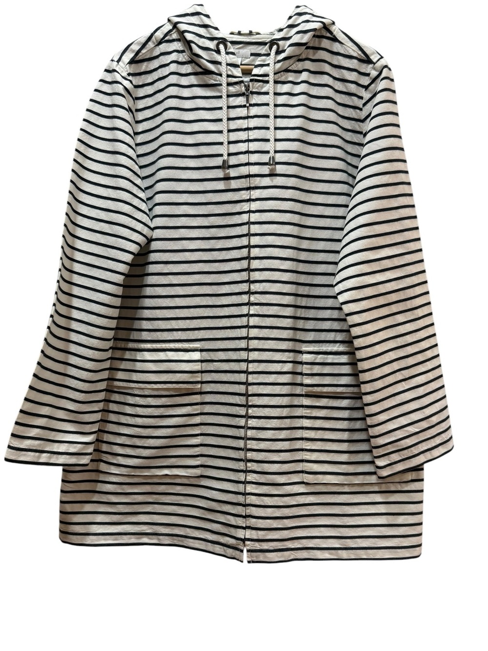 J.Jill Coastal Nautical Striped Hooded Jacket Black White Full Zip Cotton L